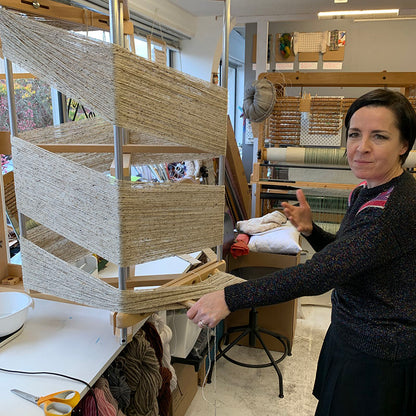 Student learning to wind a warp at Tools used in a Private Weaving workshop at The Oxford Weaving Studio