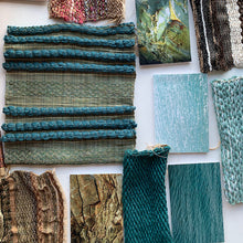 Load image into Gallery viewer, Flat lay of handwoven samples in brown and turquoise by a student at The Oxford Weaving Studio